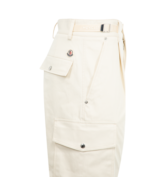Image 3 of 3 - WHITE - MONCLER Gabardine Cargo Pants featuring stretch cotton gabardine, adjustable waistband with logo straps, zipper and button closure, zipped pocket and cargo pockets with snap button closure. 97% cotton, 3% elastane/spandex. 