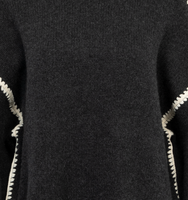 Image 3 of 3 - GREY - TOTEME Embroidered Wool Cashmere Knit featuring crew neck, long sleeves, drop shoulders, oversized, boxy fit and embroidered along the shoulders and armholes with contrasting thread. 88% wool, 10% cashmere, 2% cotton. 