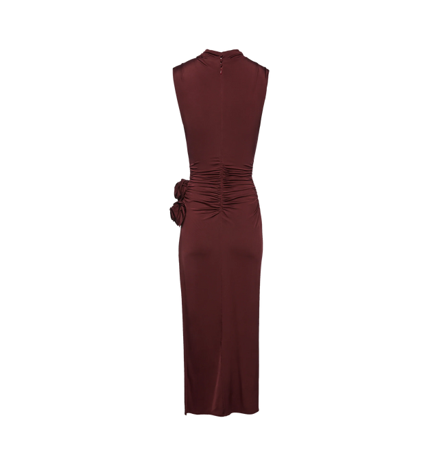 Image 2 of 2 - RED - Magda Butrym Bordeaux ruched midi dress with a mock neck, sleeveless silhouette, and detachable floral brooch. Shell 95% Viscose 5% Elastane. 