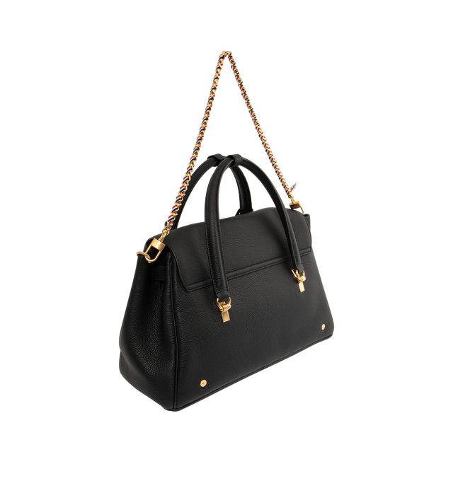 Image 3 of 4 - BLACK - THOM BROWNE Bolton Bag featuring padlock flap closure, top handles, key bell with RWB grosgrain trim, detachable adjustable leather shoulder strap, detachable RWB ribbon-woven chain strap, RWB stripe on front and back, adjustable side gussets with belt and stud details, interior zip pocket, slip pocket, and two smaller slip pockets, tricolor lining and signature striped grosgrain loop tab. L 33 x W 15 x H 35 cm. 100% calf full grain leather. Lining: 100% polyester. Made in Italy. 