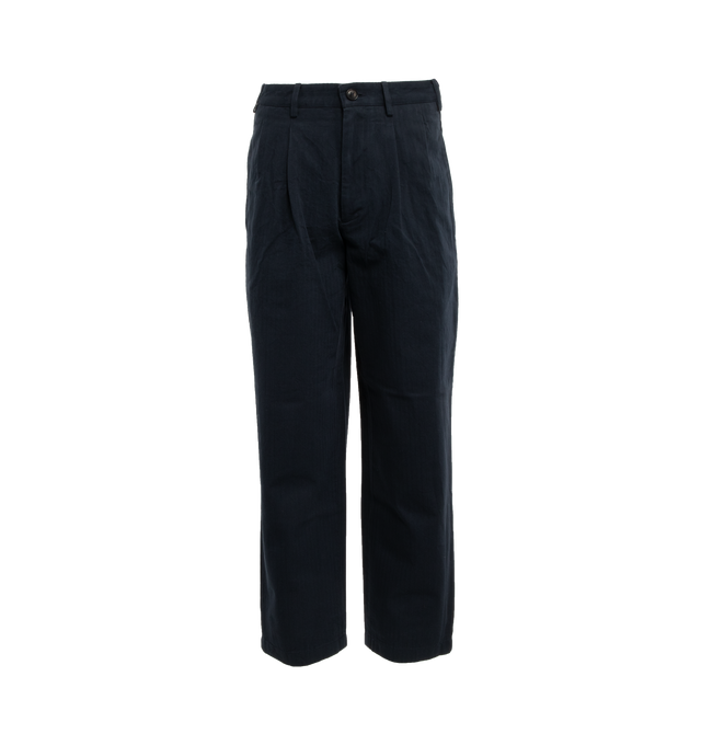 NAVY - NOAH Double-Pleat Herringbone Pant featuring double-pleated front with zip-fly and button closure, side seam pockets and besom back pockets with button closures. 100% cotton. Made in Portugal.