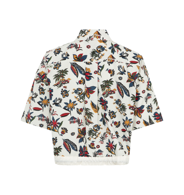 Image 2 of 2 - MULTI - Sacai Tropical Print Shirt featuring point collar, cropped length, patch pockets at chest, drawcord at hem, short sleeves and concealed button fastening. Rayon 55%, Cotton 45%. Made in Japan. 