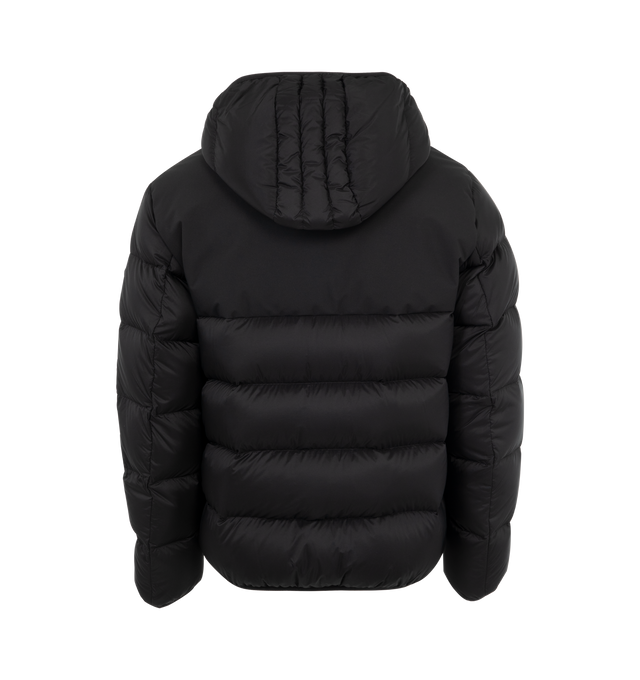 Image 2 of 3 - BLACK - Moncler Veumont Jacket has an attached hood, a 2-way zipper closure, side pockets, a signature logo patch, and elastic cuffs and hem.   