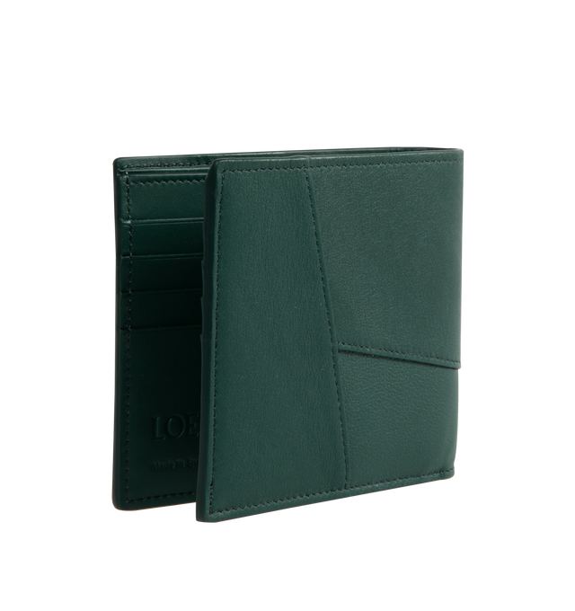 Image 2 of 3 - GREEN - Loewe Men's Puzzle bifold wallet in classic calfskin leather inspired by the Puzzle bag's distinctive geometric pattern. Features eight card slots, two large note pockets, two flat pockets, calfskin lining and embossed Anagram. Made in Spain. Height 9.9cm X Width 11cm X Depth 1.8cm. 