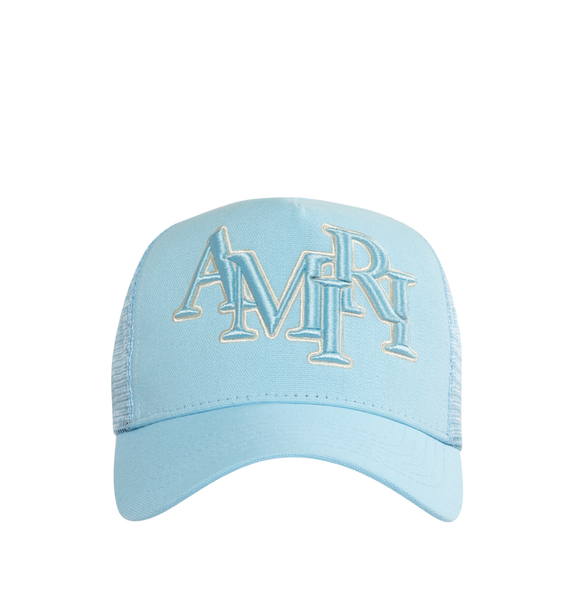 Image 1 of 3 - BLUE - AMIRI STAGGERED LOGO TRUCKER features the Amiri brand logo at the front in staggered letter patches in black and outlined in white with a mesh backing. 100%cotton. Lining: 100% lyocell. Mesh: 100% polyester. 