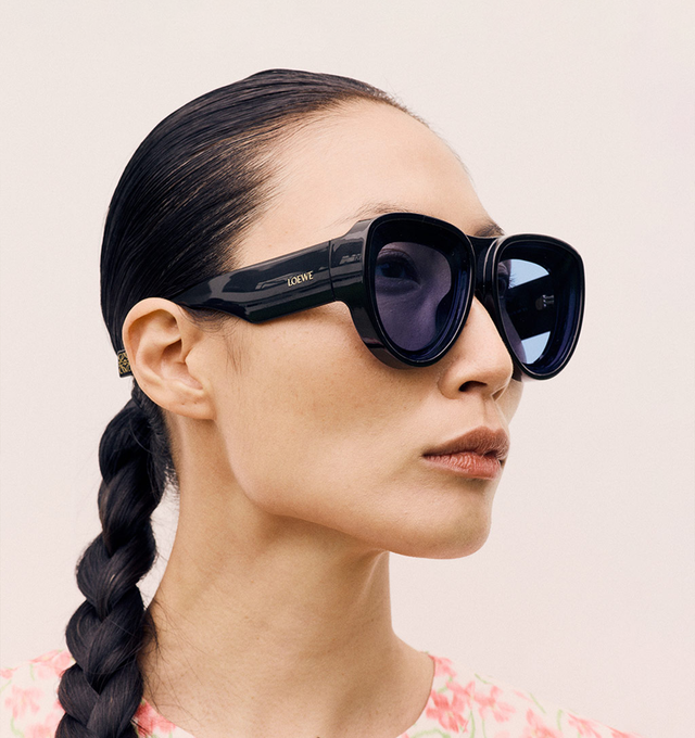 Image 2 of 5 - BLACK - LOEWE Aviator Sunglasses featuring slightly protruding rims, logo branded sides and gold-toned hardware. 100% acetate. Made in Italy. 