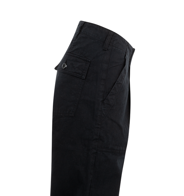 Image 3 of 3 - BLACK - Noah Pleated Fatigue Pants have a zip fly and button closure, dual pleats, front slant pockets, and back button-flap patch pockets. 100% cotton. Made in Portugal.  