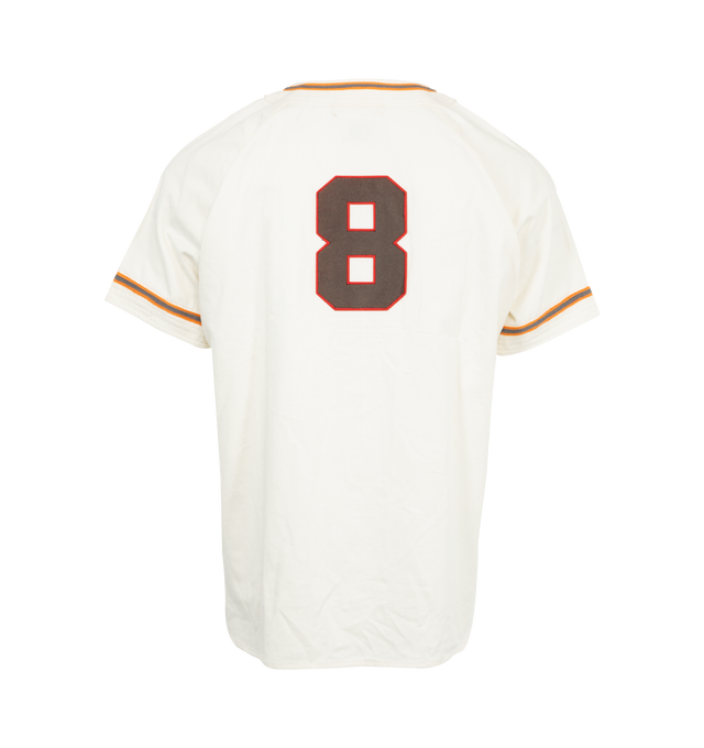 Image 2 of 4 - WHITE - BODE Baseball Jersey featuring button front closure, short sleeves, striped collar and sleeves, logo embroidered on front, patch graphic on front and back.  