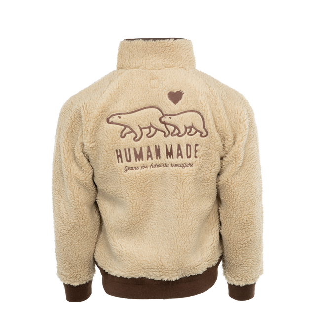 BROWN - HUMAN MADE Boa Fleece Jacket featuring stand collar, zip front closure, ribbed cuffs and hem, two front pockets, embroidered graphic logo on back and patch logo on chest. 80% polyester, 20% acrylic.