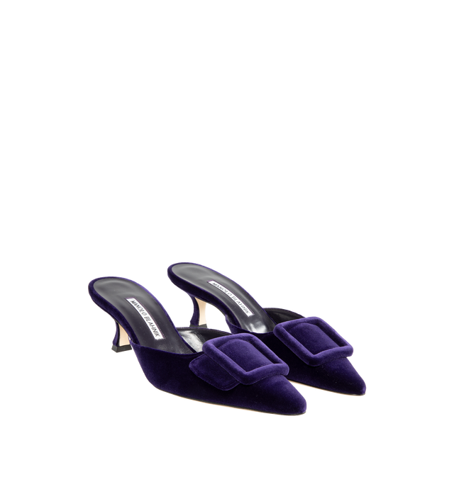 Image 2 of 4 - PURPLE - MANOLO BLAHNIK Maysale Mule featuring suede buckle and kitten heel. 50MM. 100% kid suede. Sole: 100% calf leather. Lining: 100% kid leather. Made in Italy. 