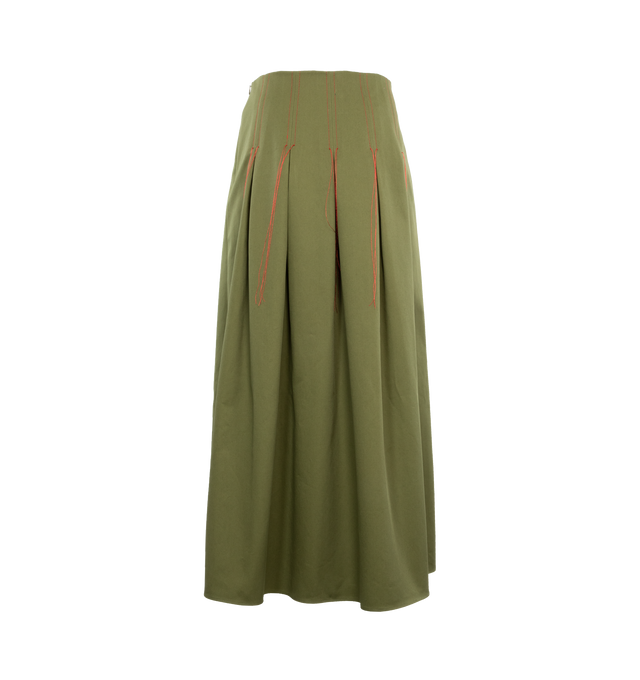 Image 2 of 3 - GREEN - ROSIE ASSOULIN Red Alert Threaded Maxi Skirt featuring high-waisted, pleated, red thread detailing, maxi hem and zip fastening. 100% cotton. 