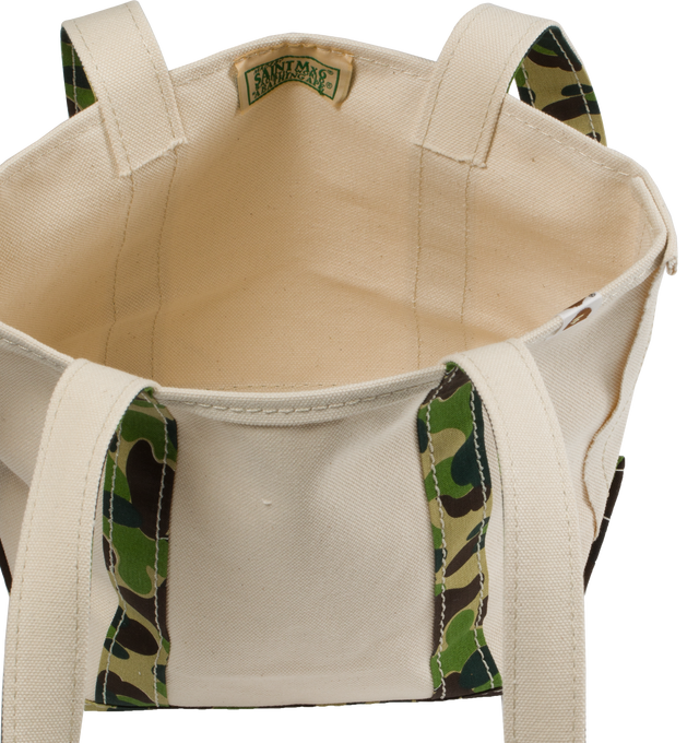 Image 3 of 3 - WHITE - SAINT MICHAEL AP Small Tote Bag featuring long camo strap, canvas tote and open top. 100% cotton.  