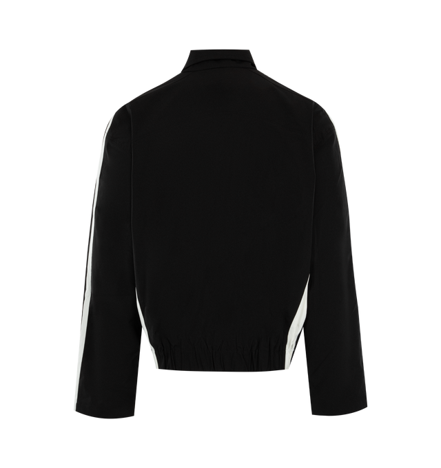 Image 2 of 3 - BLACK - RHUDE Ski Track Jacket featuring funnel neck, two-way zip closure, text and logo printed at front, welt and seam pockets, elasticized hem, stripes at side seams and sleeves and full satin lining. 100% polyester. Made in United States. 