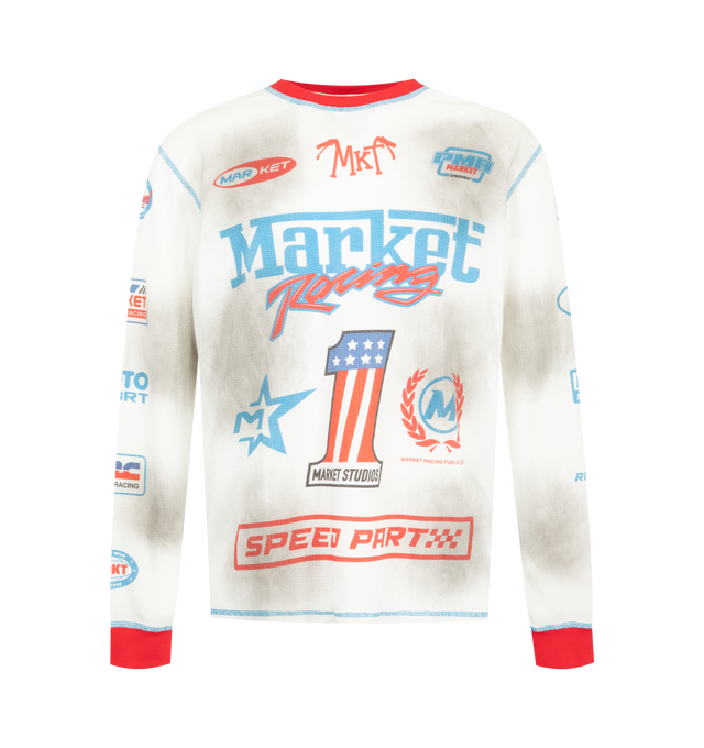 Image 1 of 3 - WHITE - Market Men's Speed Part Thermal Long Sleeve Shirt is crafted from a soft cotton-blend thermal knit and features a classic crew neckline, long sleeves, and seasonal Speed Part graphic artwork for a bold motorsport-inspired look. This designer thermal shirt combines textured everyday comfort with Market's signature contemporary streetwear aesthetic, making it an elevated layering essential for cooler weather. Main Material: 52% Cotton, 48% Polyester. 
