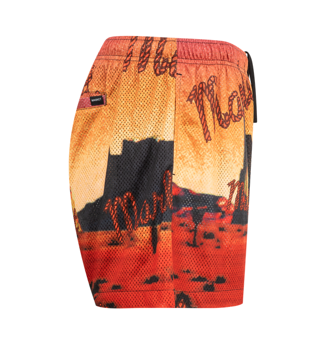 Image 3 of 3 - ORANGE - MARKET Desert League Shorts featuring mesh shorts in an all over desert illustration print, an elastic waistband with concealed drawstring, side slit pockets and back welt pocket. 100% polyester. 