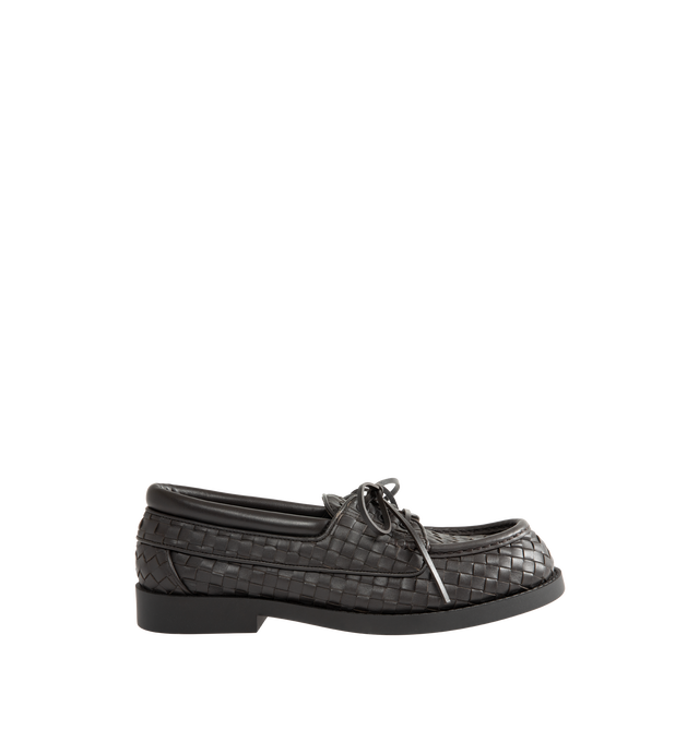 Image 1 of 4 - BROWN - Bottega Veneta Mens Intrecciato Boat Shoes are crafted from Intrecciato calfskin leather. Feature a lace-up boat shoe silhouette, calfskin lining, rubber outsole, and flat heel. Main Material: Calfskin Leather; Lining: Calfskin Leather; Sole: Rubber. Made in Italy. 