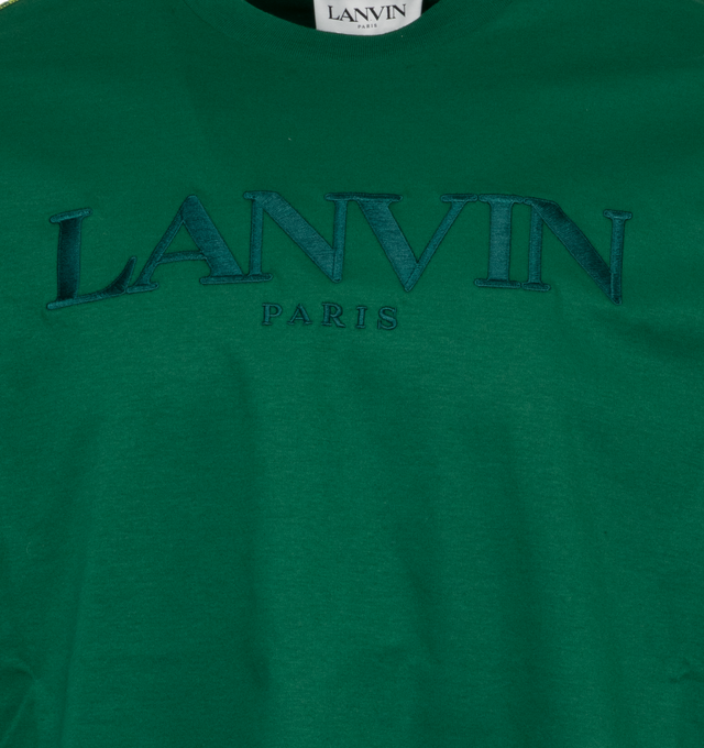 Image 3 of 3 - GREEN - LANVIN Side Curb Oversized Logo T-Shirt featuring tonal embroidered Lanvin logo across the chest, zig-zag stripe appliqu finishes the sleeves, crewneck, short sleeves and pulls over. 100% cotton. Made in Italy. 