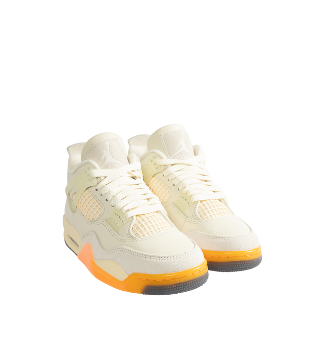 Image 2 of 5 - NEUTRAL - Women's Air Jordan 4 Retro Sneakers feature a smooth leather upper with mesh underlays, nubuck suede overlays, and a high-top silhouette inspired by a tropical color palette. These lifestyle sneakers combine a visible Air-Sole unit, a polyurethane midsole, and a durable rubber outsole for responsive cushioning, lasting comfort, and reliable traction. Main Material: Genuine Leather and Nubuck Suede. Midsole: Polyurethane with Visible Air-Sole Unit. Sole: Rubber. 