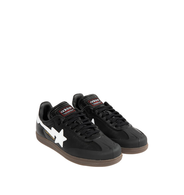 Image 2 of 5 - BLACK - ADIDAS Samba Bape Sneaker featuring leather uppers, gum rubber soles, 3-stripe detail, gold foil lettering, lace up closure and STA logo on lateral. 