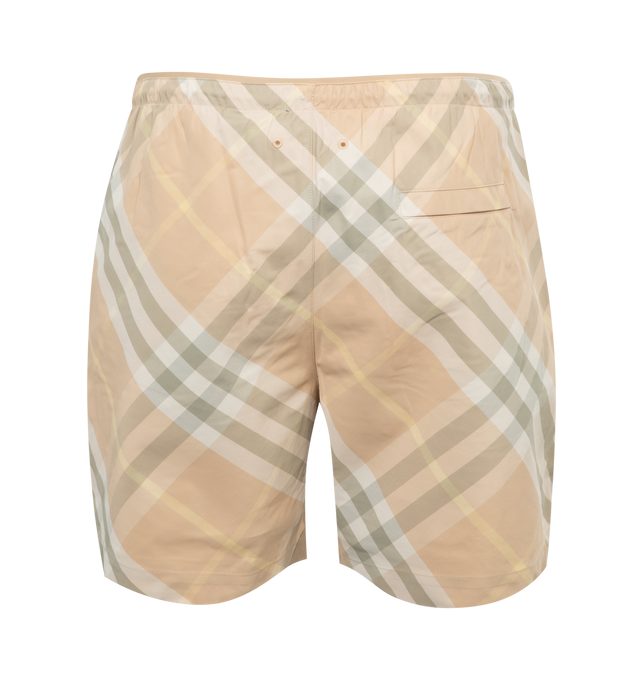 Image 2 of 3 - NEUTRAL - BURBERRY Check Swim Shorts featuring nylon twill, printed with the Burberry Check, relaxed fit, lined in mesh, elasticated waist with interior drawcord, side slip pockets and back press-stud welt pocket. 100% polyamide. Trim: 92% polyester, 8% elastane. Lining: 100% polyester. Made in Portugal. 