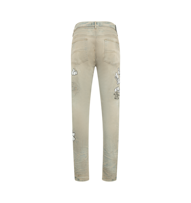 Image 2 of 3 - GREY - AMIRI Domino Applique Skinny Jeans featuring domino motif, distressed effect, skinny fit, five pockets and button fly fastening. 92% cotton, 6% elastomultiester, 2% elastane. Made In United States. 