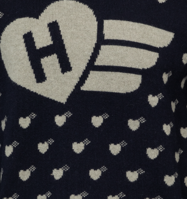 Image 3 of 4 - NAVY - HUMAN MADE Heart Knit Sweater featuring knit fabric, ribbed crewneck and intarsia branding. 100% cotton. 