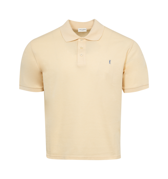 NEUTRAL - SAINT LAURENT Short Sleeve Polo Shirt featuring a cassandre embroidery on the chest. 50% cotton 50% recycled cotton. Made in Italy.