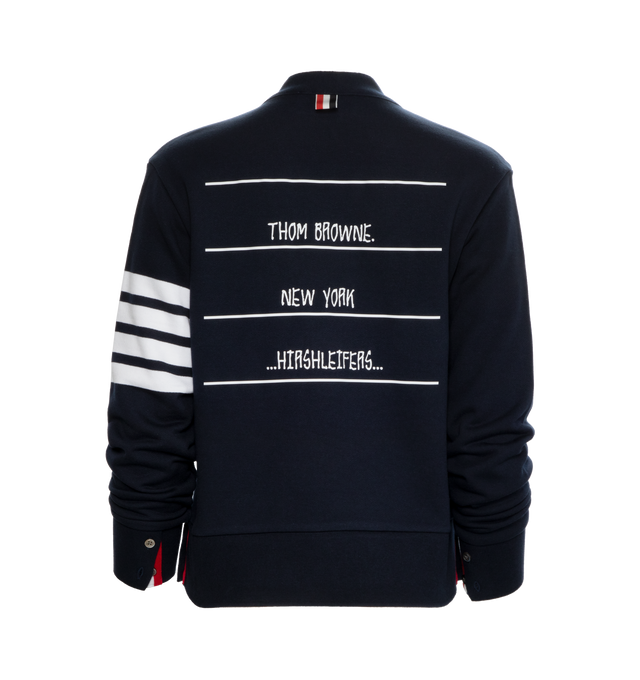 NAVY - THOM BROWNE X HIRSHLEIFERS V-Neck Cardigan with engineered 4 bar in classic loopback and button closure. 100% cotton. Made in Japan. 