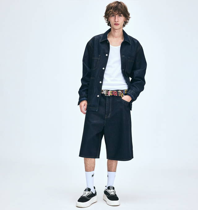 Image 5 of 7 - NAVY - NAHMIAS X HIRSHLEIFERS Indigo Baggy Carpenter Shorts featuring 5-pocket style, baggy fit and Nahmias button closure. 100% cotton. 