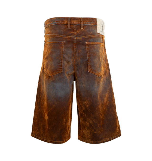 Image 2 of 3 - ORANGE - Cout De La Liberte featuring iridescent velvet stretch denim shorts, button zip fly, five-pocket style, knee length and relaxed fit. Cotton/elastane. Made in USA. 