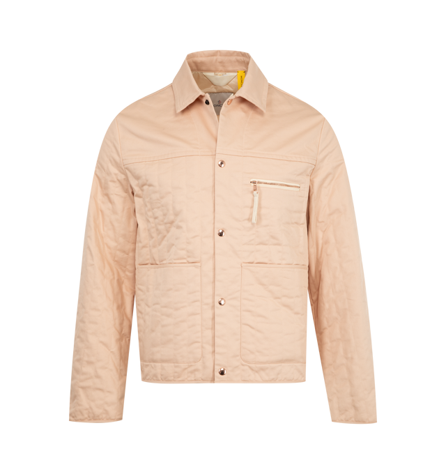Image 4 of 4 - PINK - Moncler x Gilga Farm Designed by Donald Glover Kishus Padded Shirt Jacket featuring stretch cotton gabardine, longue saison lining, padded, detachable knit collar, snap button closure, patch pockets, chest pocket with zipper closure and logo patch. 74% cotton, 24% lyocell, 2% elastane/spandex. Lining: 100% polyamide/nylon. Collar: 100% virgin wool. Padding: 100% polyester. Made in Romania. 