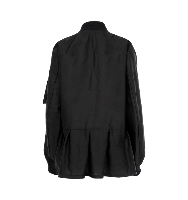 Image 2 of 3 - BLACK - SACAI Quilted Satin Bomber Jacket featuring nylon-blend satin bomber, rib-knit stand collar and cuffs, two-way zip closure, grosgrain trim and press-stud tabs at chest, welt pockets, pleats and grosgrain trim at hem, utility pocket at sleeve and full tulle lining. 50% nylon, 50% polyester. Trim: 55% polyester, 44% cotton, 1% polyurethane. Lining: 100% polyester. Made in Japan. 