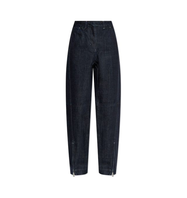 Image 1 of 2 - NAVY - JACQUEMUS Le De Nmes Cargo Jeans featuring paneled construction, four-pocket styling, zip-fly, embroidered logo on back and zipper at ankles. 100% cotton. 