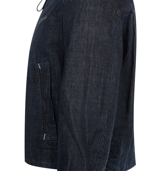 Image 3 of 3 - NAVY - JACQUEMUS Canevas de-Nmes Denim Jacket featuring straight fit, cotton denim, long sleeves, workwear collar, zip closure with denim puller, contrast bartacks, side welt pockets, buttoned cuffs with corozo button and embroidered Calisson patch with logo on the back. 100% cotton. Lining: 65% polyester, 35% cotton. Made in Italy. 