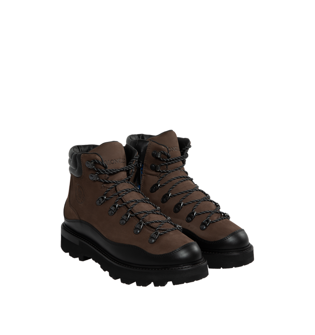 Image 2 of 4 - BROWN - MONCLER Peka Trek Hiking Boots featuring water-repellent nubuck upper, leather insole, lace and zipper closure, leather welt, micro rubber midsole and vibram rubber tread. Made in Italy. 