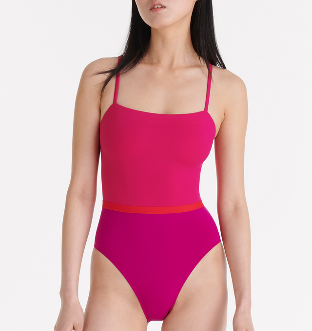 Image 3 of 6 - PINK - ERES Ara Tank One-Piece Swimsuit featuring thin straps, contrasting reinforced band around the waist, wraparound neckline seam and straight back straps. 84% Polyamid, 16% Spandex. Made in Italy. 