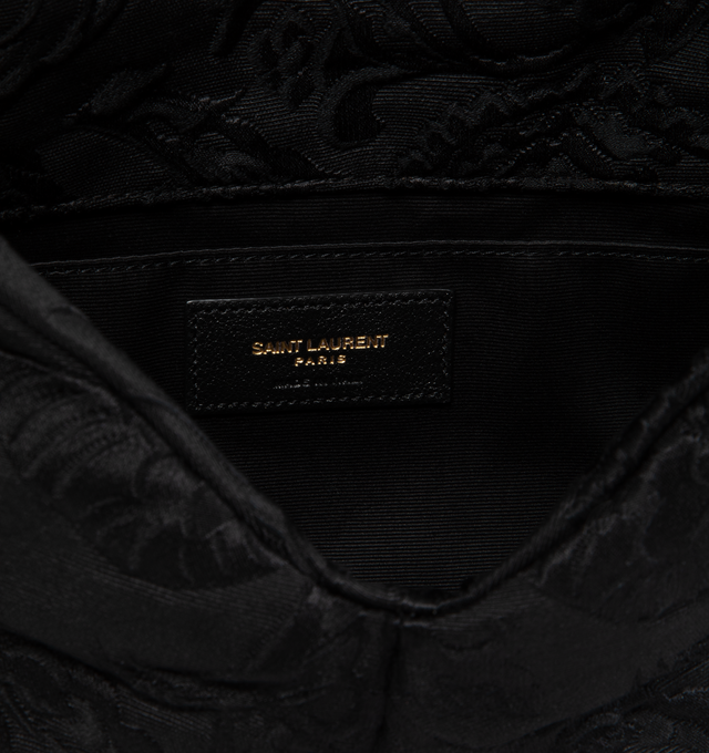 Image 3 of 3 - BLACK - Saint Laurent YSL Envelope Pouch has an envelope flap top, magnetic closure, interior slip pocket, YSL signature logo, bronze-tone hardware, and lace brocade material. H 7.1 x W 11.6 x D 1.8 inches. Wool and cotton. Made in Italy.  