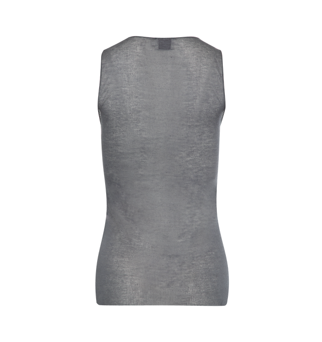 Image 2 of 2 - GREY - DEIJI STUDIOS Knit Tank featuring sheer fine knit, low curved neckline, racer style back in a form fit and an asymmetric baby lock exposed hem detail. 65% ecovero viscose, 35% recycled polyester. 
