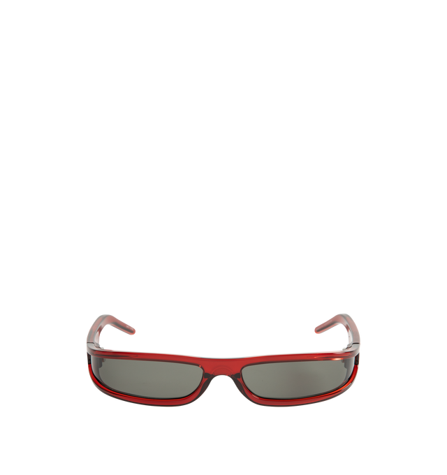 Image 1 of 3 - RED - Rick Owens Mens Rectangular Sunglasses feature a lightweight Rilsan nylon frame with red lenses. Designed with integrated nose pads, 100% UVA/UVB protection (Category 3), and include a leather storage pouch. Frame Material: Rilsan Nylon. Made in Italy. 