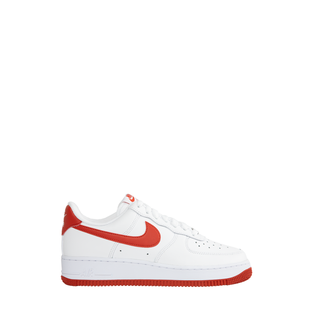 Image 1 of 5 - WHITE - NIKE Air Force 1 '07 lace-up sneakers in white with Dragon Red swoosh featuring padded collar, leather and textile upper, textile lining and Dragon Red rubber sole. 