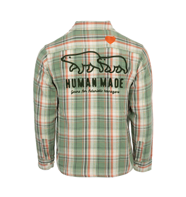 Image 2 of 4 - GREEN - HUMAN MADE Check shirt featuring polar bear motif on the back, polar bear name tag attached to the front and heart-shaped buttons.  