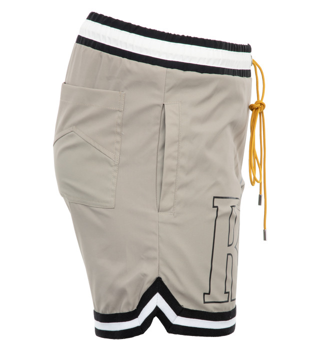 Image 3 of 4 - GREY - RHUDE Logo Basketball-Style Swim Shorts featuring elasticized drawstring waistband, side-seam pockets, contrast striped trim and a relaxed silhouette. 100% polyester. Lining: 85% nylon, 15% spandex. Made in Portugal. 