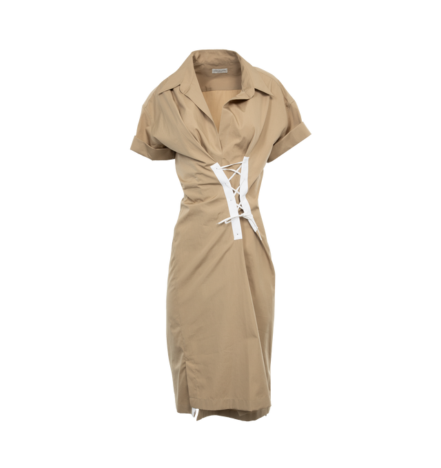 BROWN - DRIES VAN NOTEN Lace Up Shirt Dress featuring lace-up detail, spread collar, short sleeves, midi length, sheath silhouette and unlined. 100% cotton. Made in Poland.