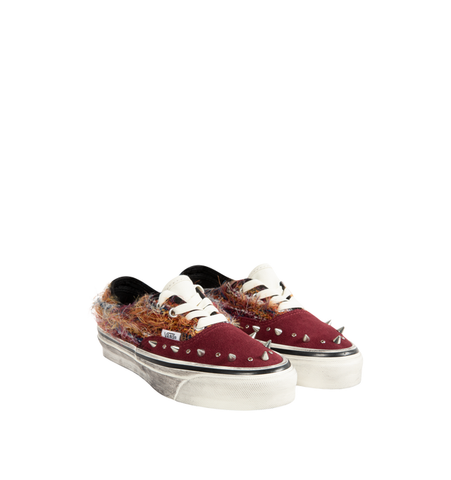 Image 2 of 5 - BROWN - Vans Premium Authentic 44 heritage low-top lace-up sneaker crafted with a suede and canvas upper with frayed, textured mohair, studs and crystal embellishments and greased sidewall. Featuring cotton laces, metal eyelets, upgraded footbed , and Sola Foam ADC (All-Day Comfort) insole for soft and durable cushioning. 
