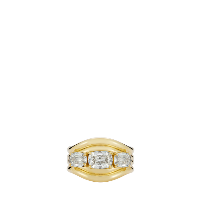 Image 2 of 2 - GOLD - JEMMA WYNNE FORME Three-Stone Diamond Cushion Contour Ring featuring 18k Yellow Gold, One of a Kind, Diamond Cushions - 2cts. Hirshleifers offers a range of initial pieces from this collection in-store. For personal consultation and detailed information about jewelry, please contact our dedicated stylist team at personalshopping@hirshleifers.com. This item may be restricted for online purchase to international clients. For assistance purchasing this item please contact our dedicated st 