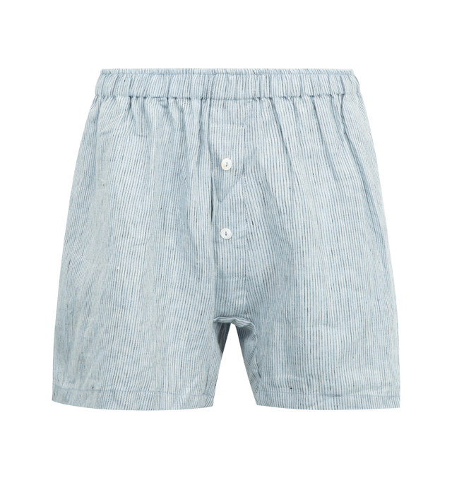 Image 5 of 6 - BLUE - DEIJI STUDIOS 03 Set featuring an oversized box fit linen shirt with wide arms and a front pocket designed to sit mid rise, the loose fitting boxer style shorts have a faux button down fly and an elastic waist for extra comfort. 100% GOTS certified organic, OEKO-TEX 100 certified and EU certified stone washed french linen. 