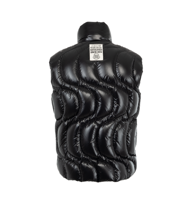 Image 2 of 2 - BLACK - Moncler Genius X Palm Angels Gwenyth Vest has a stand collar, a zipper and snap button closure, a signature logo, and wave stitching. Interior 90% goose down, 10% feather. Exterior 100% polyamide.  