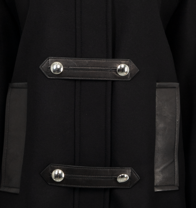 Image 3 of 3 - BLACK - KHAITE Melbo Coat in Leather Combo featuring a reimagined duffle coat distinguished by exquisite materials and a swing silhouette. With stand collar, side pockets, and chrome buttons. 75% wool viscose, 25% polyamide. 100% lambskin. 