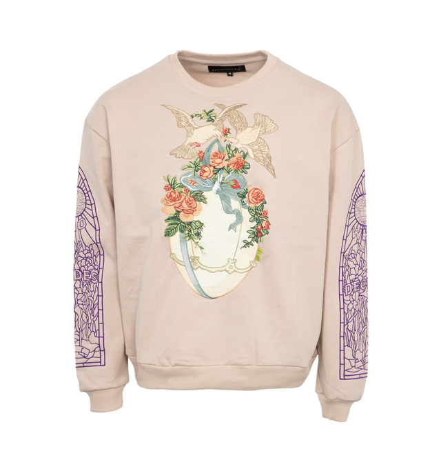 Image 1 of 4 - PINK - WHO DECIDES WAR Gift Sweatshirt featuring french terry, rib knit crewneck, hem, and cuffs, embroidered graphic patch at front, dropped shoulders and logo graphic embroidered at sleeves. 100% cotton. Made in China. 