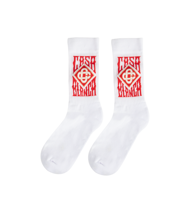 Image 2 of 2 - WHITE - CASABLANCA Gothic Casaway Socks featuring calf-high, knit stretch cotton-blend and jacquard logo graphic at rib-knit cuffs. 80% cotton, 17% polyamide, 3% spandex. Made in Italy. 